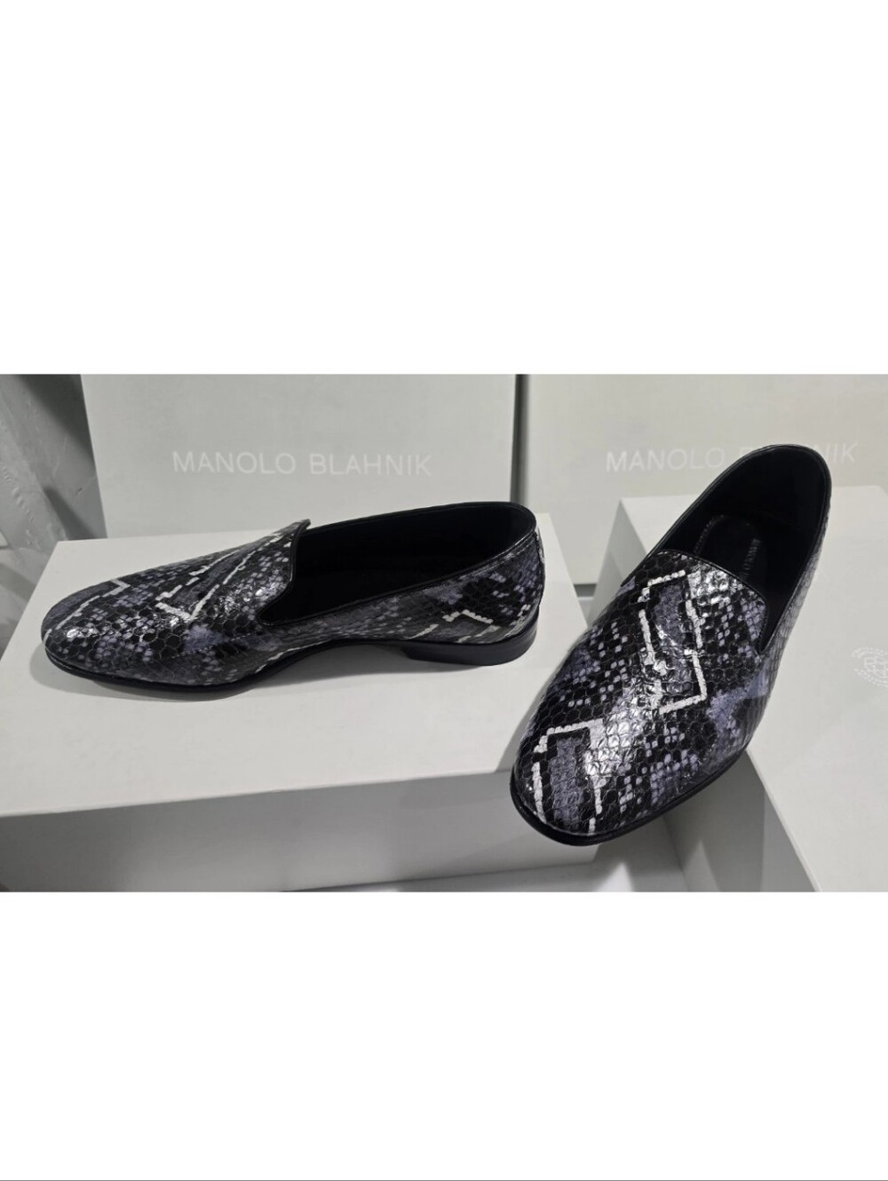 Manolo Blahnik Black and Gray Python-Print Slip-On Loafers with White Accents